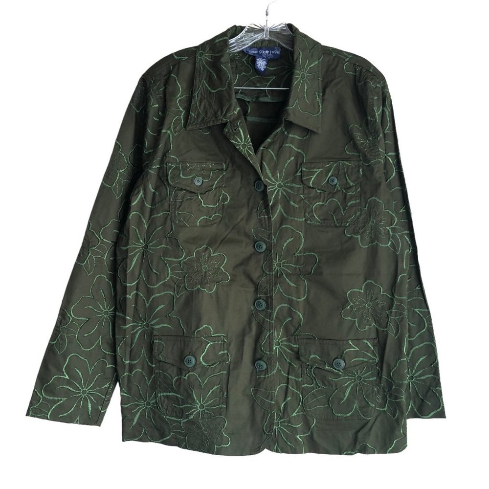 Susan Graver Women's Twill Jacket Size L Green Floral Embroidered Long Sleeve